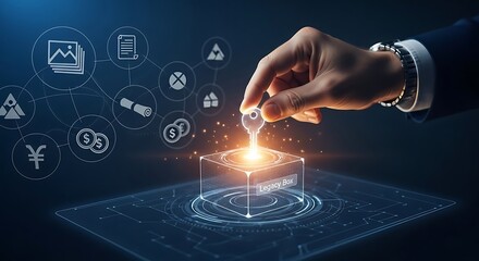 A hand placing a key into a glowing digital box, symbolizing access and security.