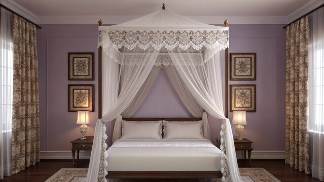 Luxurious four poster bed with canopy isolated on white background