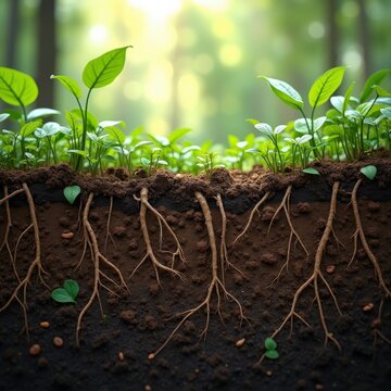 vibrant rich soil layers exposing intricate plant roots underneath natural substrate, nature, earth, sediment, ground, tilling, fertility, excavation
