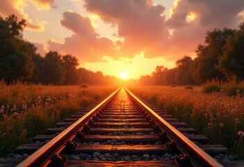 Fototapeta premium vibrant sunset shadows casting long across weathered train tracks rustic charm tranquil evening journey, landscape, trails, light, orange, purple