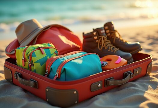 vibrant travel essentials colorful accessories suitcase organization luggage packing adventure gear, bag, clothing, passport, ticket, camera, bottle, hat