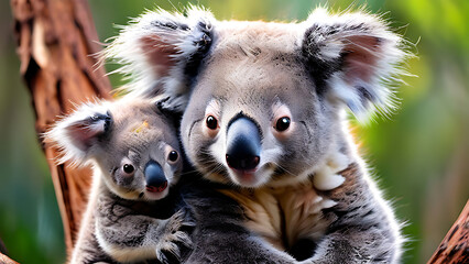 Fototapeta premium mother koala with baby on her back, a koala mother with joey clinging to her back