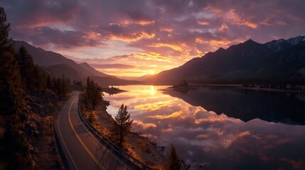 Fototapeta premium Scenic lake and winding road at sunset with vibrant sky and tranquil landscape view