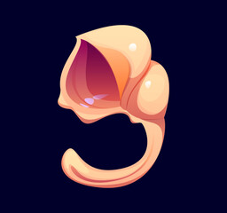 Beach seashell cartoon font digit 9 nine. Underwater mollusk mussel alphabet typeface numeral symbol, sea shell vector font digit. Coral reef seashell kids ABC type number or math typeface figure