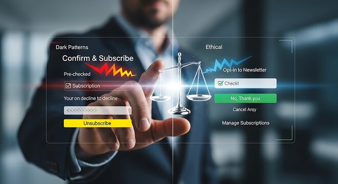 Businessman weighs ethical online subscription practices against manipulative dark patterns.