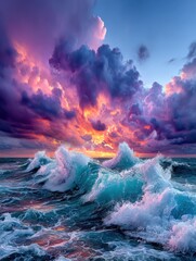 Dramatic sunset over crashing waves