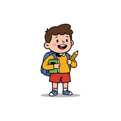 Happy cartoon student boy with a backpack and pencil, ready for school. A vector illustration for education and childhood learning.