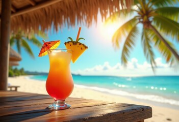 vibrant tropical drink under beachside cabana sunlit paradise retreat relaxation getaway, sunset, vacation, colorful, umbrella, coastline, sandy, view, sea