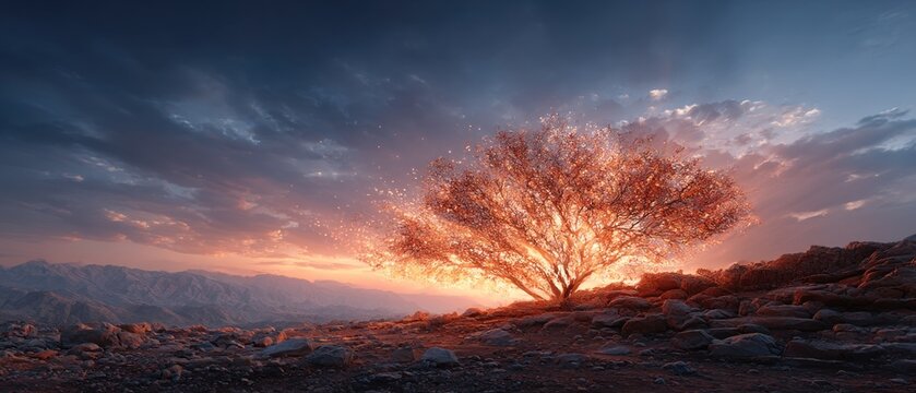 Dramatic sunset over mountains with a glowing tree - Powered by Adobe