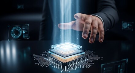 A businessman's hand interacts with a glowing computer chip, surrounded by digital interface elements.