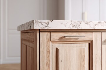 Closeup of light wood kitchen island with marble countertop