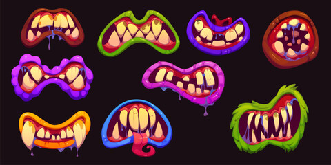Halloween scary and creepy drool monster grin jaws and mouths with dripping saliva, exaggerated, monstrous teeth, some with tongues sticking out. Cartoon vector set of creepy maws of aliens or zombies