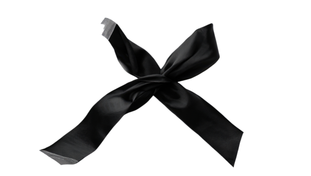 A black satin ribbon bow, sharply focused against a plain black background, displays a cross-shaped design.  The bow is knotted in the center, with slightly frayed edges