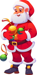 Santa Claus cartoon character with Christmas tree decoration baubles, vector personage. Happy Santa character with Xmas tree balls in hands for Merry Christmas and New Year winter holiday greetings