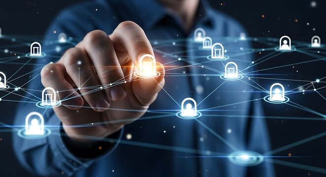 Man interacts with glowing digital network of user icons and lock symbols, representing data security.