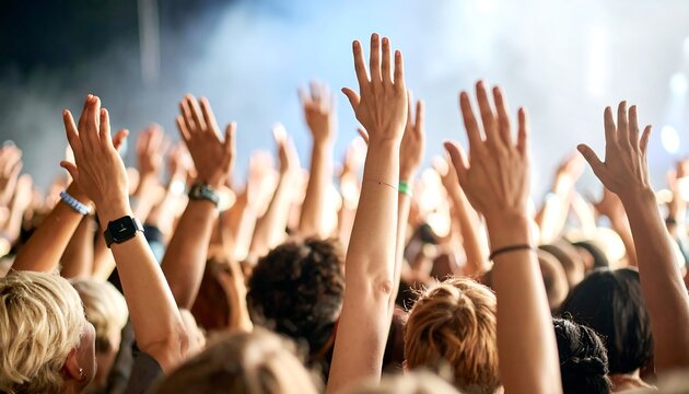 A crowd of people at a concert raise their hands in the air