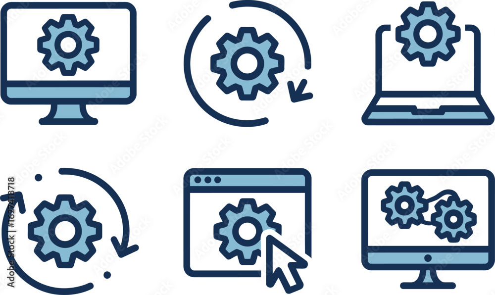 Wall mural set of six modern flat icons representing computer settings and system configuration