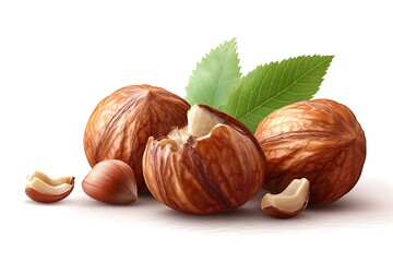 Three whole hazelnuts and two cracked pieces with green leaves