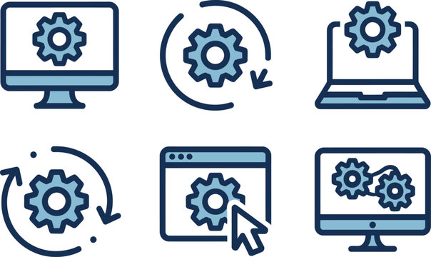 Set of six modern flat icons representing computer settings and system configuration