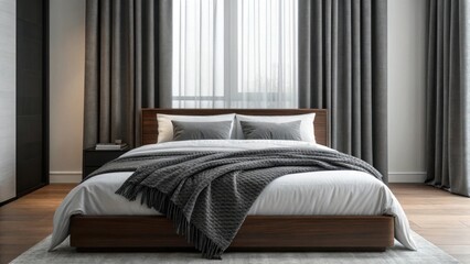Modern bedroom with dark grey curtains and cozy bed isolated on white background