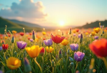 Fototapeta premium vibrant wildflowers dew covered meadow blooming nature landscape serenity morning freshness, spring, garden, petal, pollen, blossom, grass, field, droplet, flora