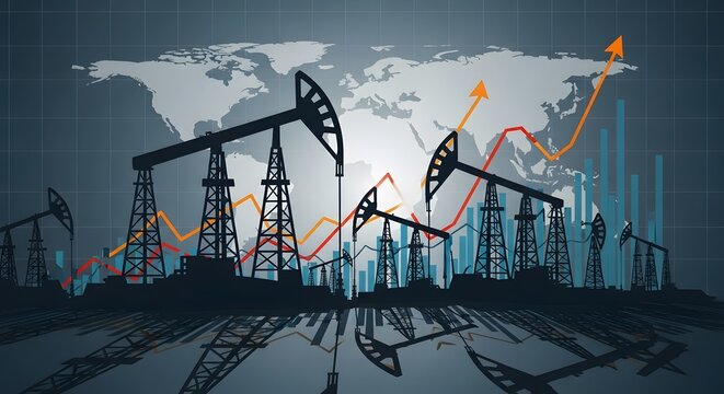 Oil industry concept with pump jacks, world map, and rising graph, representing the global market, economy, and finance of petroleum production and trade