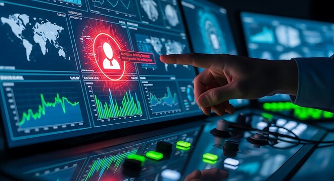 A hand points to a highlighted user profile on a network monitoring dashboard with multiple screens displaying data. - Powered by Adobe