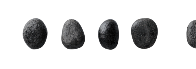Five dark gray, textured, oval-shaped objects