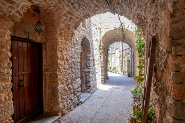Narrow medieval alley in Mesta Village. Chios Island, Greece.