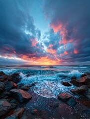 Dramatic sunset over ocean waves