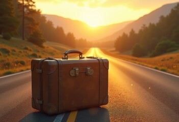 vintage suitcase scenic highway backdrop historic road trip nostalgia travel memories, landmark, landscape, sunset, vehicle, journey, collection, retro