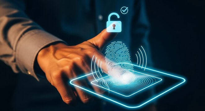Person authenticating using biometric fingerprint technology on a futuristic device.