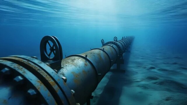 Underwater metal conduit for subsea oil and gas pipeline transport in a deep blue ocean, with clear visibility of the structure and the surrounding marine environment.
