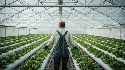 Male farmer inspecting hydroponic lettuce plants in a large greenhouse