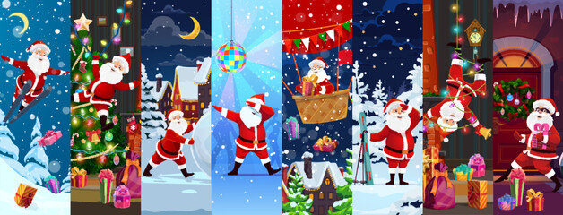 Fototapeta premium Christmas Santa Claus characters collage for winter holiday, cartoon vector background. Funny Santa characters decorating Christmas tree or dancing disco, skiing and sneaking in house on balloon