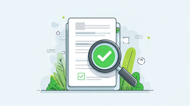Document with magnifying glass showing green check mark for verification and approval concept illustration