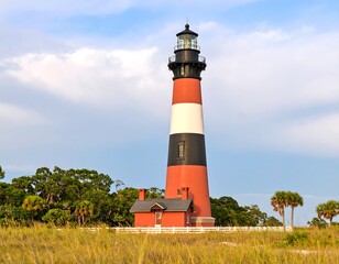 Scenic view of the historic Ponce de Leon Inlet Lighthouse under a cloudy sky