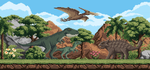 8 bit pixel art prehistoric dinosaurs and reptiles in Jurassic forest, vector game landscape background. Prehistoric dinosaurs, lizards or reptiles and pterodactyl in cartoon 8 bit pixel landscape © Vector Tradition