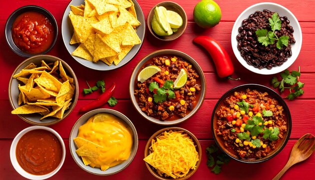 Vibrant Tex-Mex Feast: Chili, Chips, Salsa, and Lime on Red Wooden Table