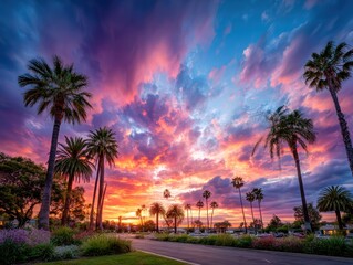Dramatic sunset over palm trees
