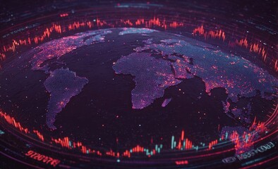 Global data visualization, world map encircled by financial charts
