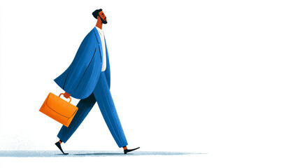 Businessman walking confidently with briefcase in hand, wearing blue suit and white shirt, isolated on white background