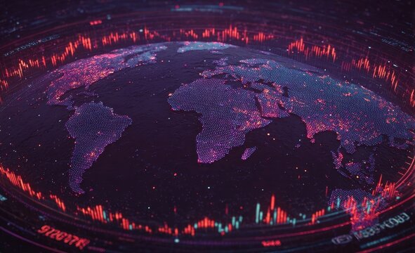Global data visualization, world map encircled by financial charts