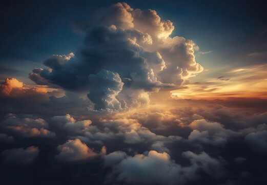 Dramatic cumulonimbus cloud formation illuminated by golden sunset light above a sea of clouds