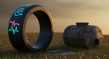 Smart Ring on Grass with Industrial Tank