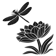 Dragonfly over lotus flower silhouette