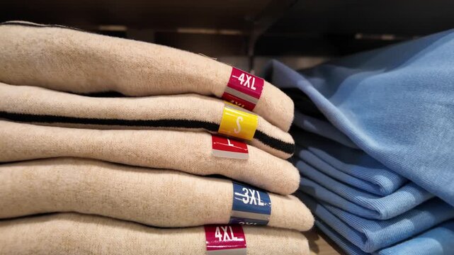 Clothing sizes displayed on stacked apparel in store