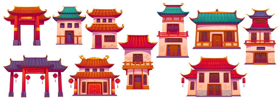Chinese buildings, China town gates, houses and ancient temples, vector asian architecture. Cartoon pagoda buildings of chinese city or chinatown, shrine gate torii, ceramic tile roof and wood doors
