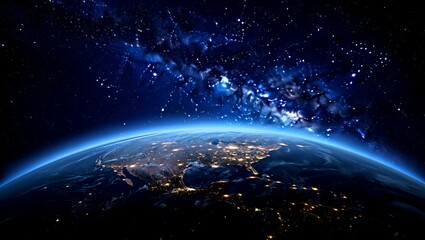 Obraz premium Stunning View of Earth from Space with the Milky Way Galaxy and Northern Hemisphere City Lights at Night