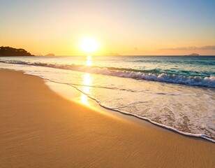 Serene beach landscape featuring golden sand, ocean waves, and a beautiful sunset